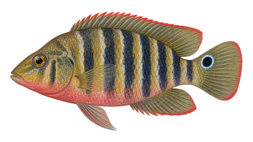 Scientific illustration of Mexican mojarra (ciclídeo-maia)