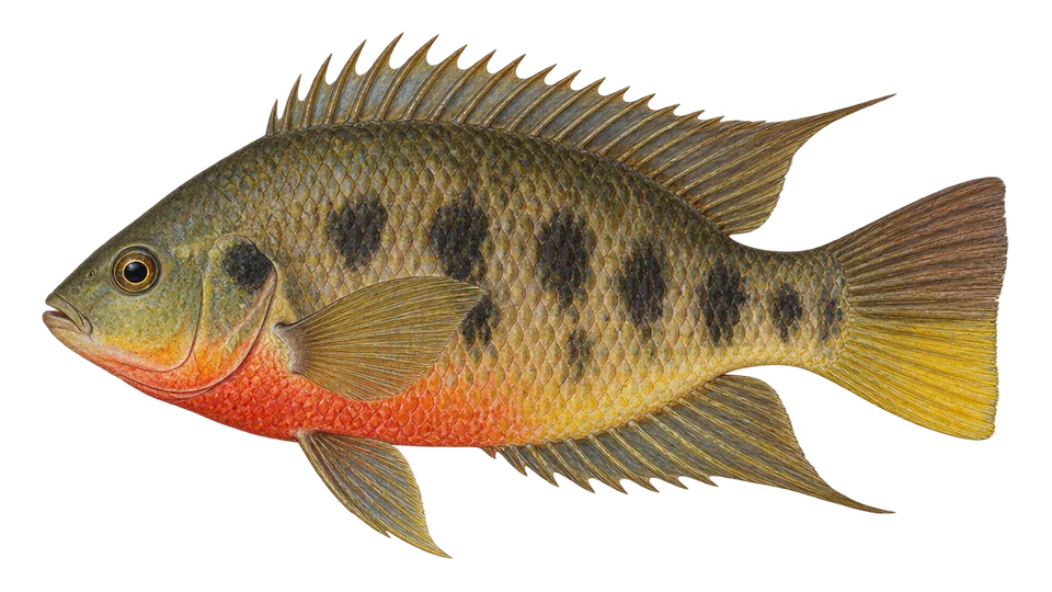 Ilustración científica de Tilapia de pecho rojo